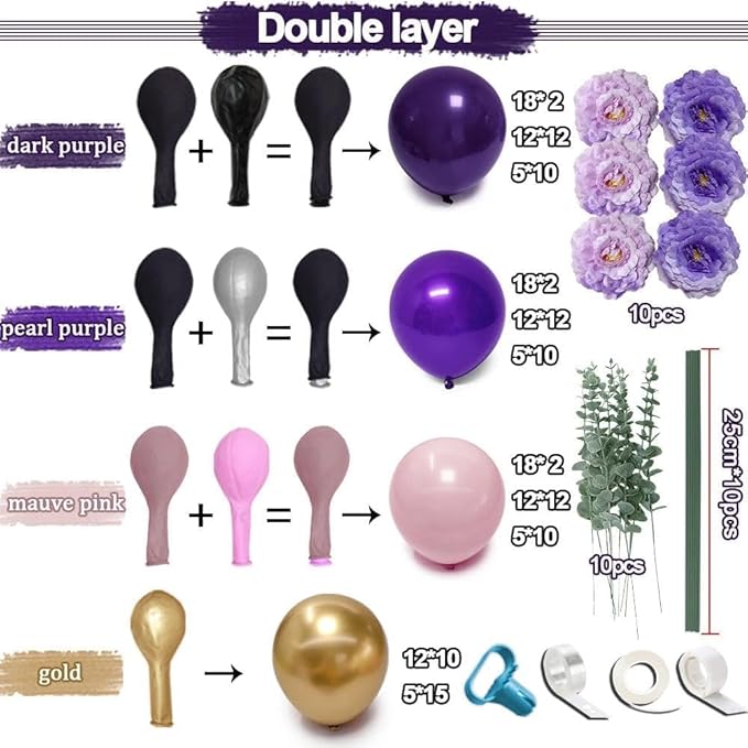 Purple and Gold Balloons Double Stuffed Royal Purple Pink Balloon Garland Kit with Artificial Flowers Balloon Arch for Baby Shower Aniversary Sweet 16, Bridal Shower and Birthday Decoration