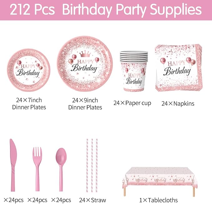 Rose Gold Birthday Party Supplies,212Pcs Disposable Party Decorations Includes Disposable Paper Plates, Napkin, Fork, Knives Spoons Cup, Tablecloth, Banner Balloons Straws for 24 Guests
