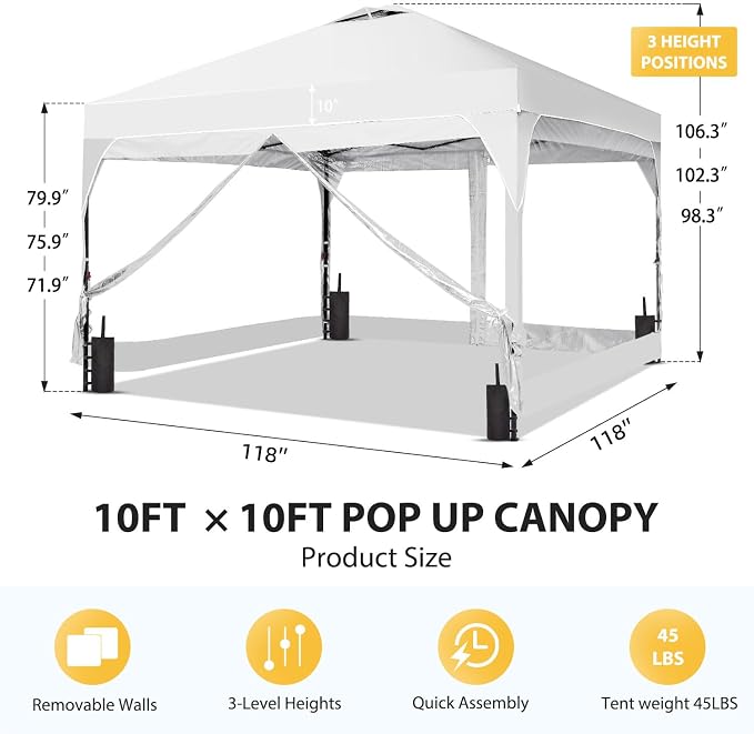10x10FT Canopy Tent, 1-Button Push Instant Pop Up Canopy with 4 Sandbags, Easy Setup Outdoor Gazebo Shelter (White, 10x10 with PVC Sidewalls)