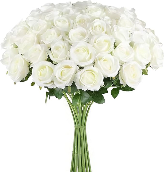 30 Pcs White Roses Artificial Flowers,Artificial Roses in Bulk,Fake Roses with Stems,DIY Wedding Bouquets,Wedding ornaments,Valentine's Day Party Decorations,A rose symbolizes love (white, 30 pcs)