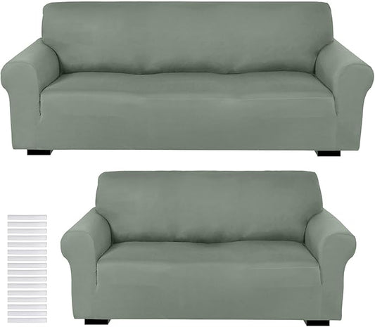 Peryiter 2 Pcs Sofa Covers Couch and Loveseat Covers Set Stretch Sofa Slipcover for Living Room Armchair Furniture Protector, Wrinkle Proof(Grayish Green,Milk Silk)