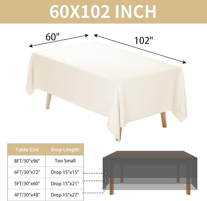 Fixwal 3 Pack Ivory 60 x 102 Inch Rectangle Tablecloths, Reusable Heavy Duty Washable Polyester Table Covers for 6 Ft Tables, Wedding, Bridal Shower, Boho Party, Outdoor, Picnic