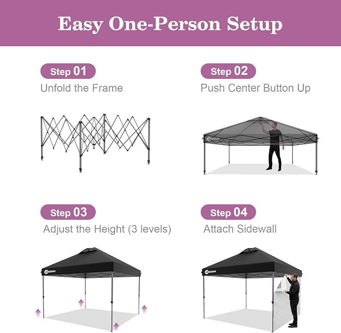 10x10 Pop Up Canopy with Sidewall, One-Person Setup - UV & Water Resistant Canopy Tent w/Wheeled Carry Bag for Beach, Patio, Camping & Events - Black