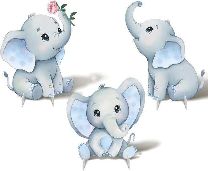 3Pcs Elephant Baby Shower Decorations, Large Baby Elephant Cardboard Cutouts Standup, Blue Cartoon Birthday Party Signs for Photo Booth Props Backdrops Decor Displays Party Supplies