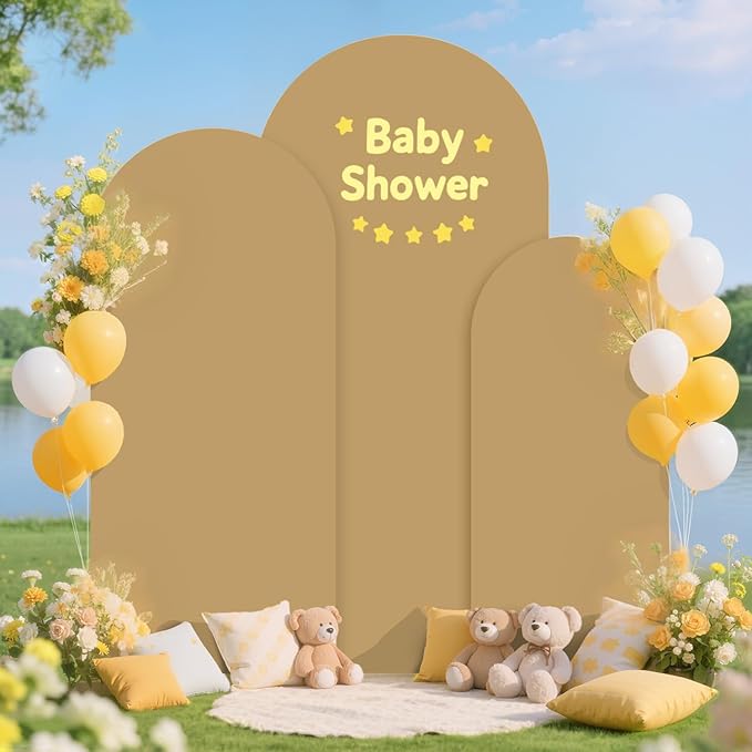 Metal Arch Backdrop Stand and Cover Set of 3 (7.2FT, 6.6FT, 6FT) Balloon Wedding Arches with Backdrops Covers Spandex Chiara Backdrop Stands for Parties Brown Arch Stand Cover for Birthday