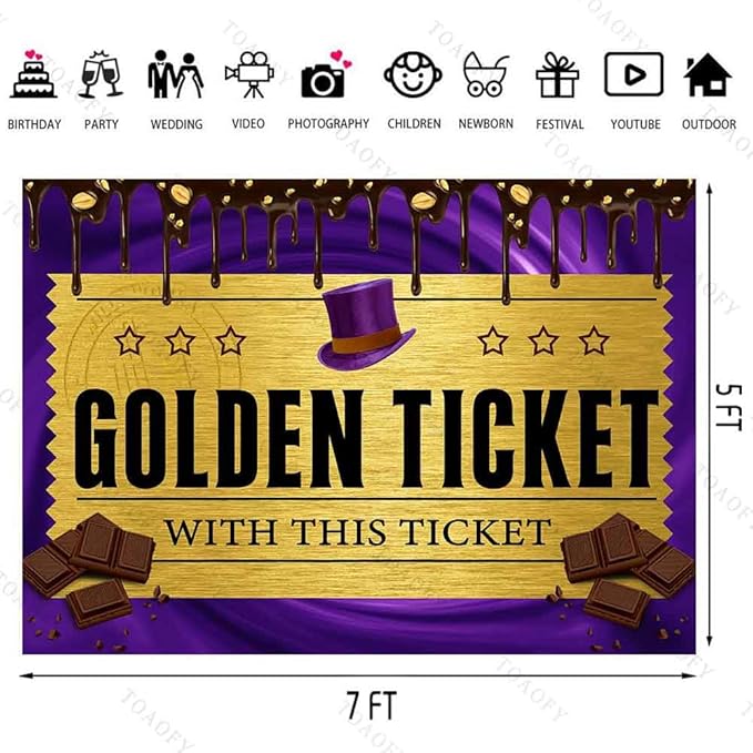 7x5FT Chocolate Factory Backdrop Golden Ticket Backdrop Candy Party Background Kids Birthday Party Banner Baby Shower Decor Photo Booth Props TAYBDJ820