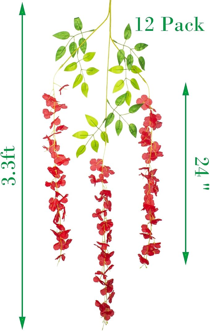 AITISOR 12 Pack Artificial Flowers Silk Wisteria Vine Ratta Hanging Flower (Red)