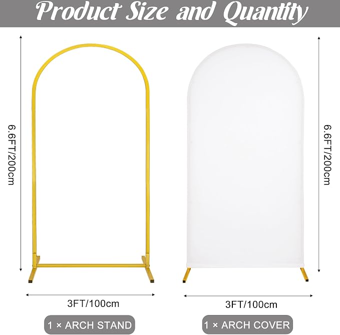 Metal Arch Stand and Cover Set,1 White Spandex Fitted Backdrop with 1 Gold Wedding Arched Stand Frame for Parties Birthday Baby Shower Bridal Banquet Decoration (6.6FT)