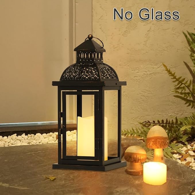 No Glass Lanterns Decorative Indoor & Outdoor, 15'' Candle Lantern Decorative Christmas Indoor Outdoor Decor, Vintage Metal Hanging Lanterns with LED Candle for Patio, Front Porch,Yard, Table