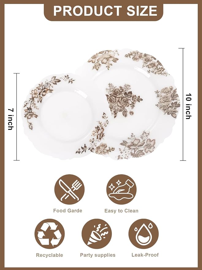 WDF 20PCS Brown Plastic Plates - Baroque White and Brown Floral Plates - Floral Party Decorations for Birthdays/Tea Party/Showers