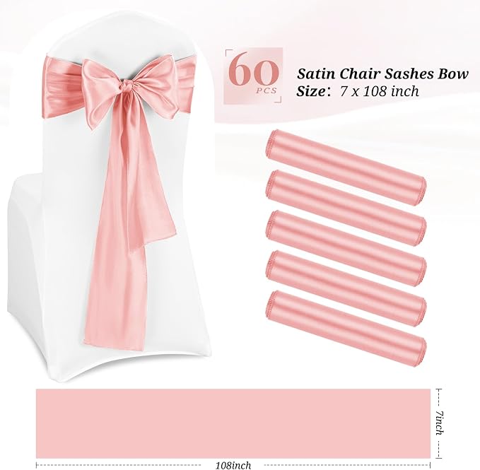 Pesonlook 60 PCS Rose Gold Satin Chair Sashes Bows,Satin Chair Sashes Universal Chair Cover for Wedding Reception Restaurant Event Decoration Banquet,Party,Hotel Event Decorations (7 x 108 inch)