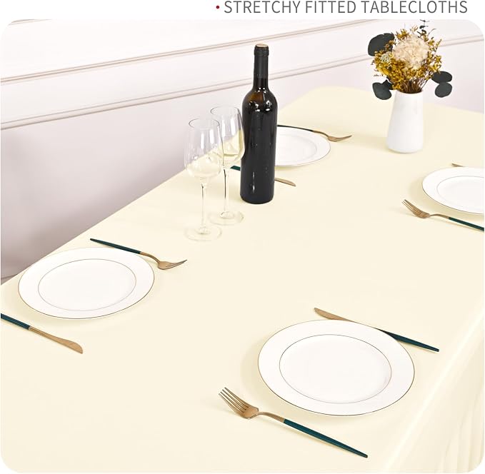 fani 6 Packs Ivory Stretch Table Skirts for 8 Foot Rectangle Table, Washable Spandex Stretch Tablecloths with Skirt, Wrinkle Resistant Fitted Tablecover for Wedding Party Banquet