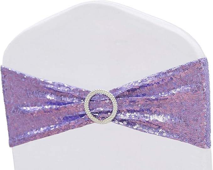 Sequin Lavender Chair Sashes for Wedding Decor, Light Purple Chair Bands with Buckles, Sequins Chair Bows Ties for Party Ceremony Event Christmas Decorations, 50 Pack
