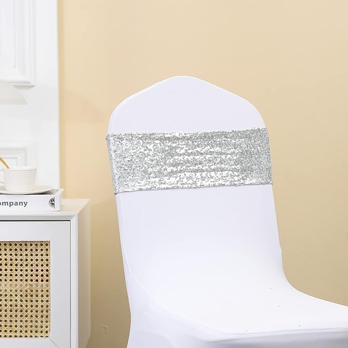 Pack of 50 Sequin Silver Chair Sashes for Wedding Decor, Glitter Chair Bands with Buckles for Party Birthday Bridal Shower Anniversary Christmas Events Decorations