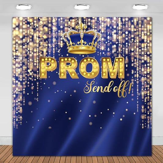 Prom Send Off Backdrop Blue and Gold 2026 Graduation Photography Background Party Decorations Class of 2026 Congrats Grad Banner Photo Booth Props (Blue and Gold, 6x6ft)