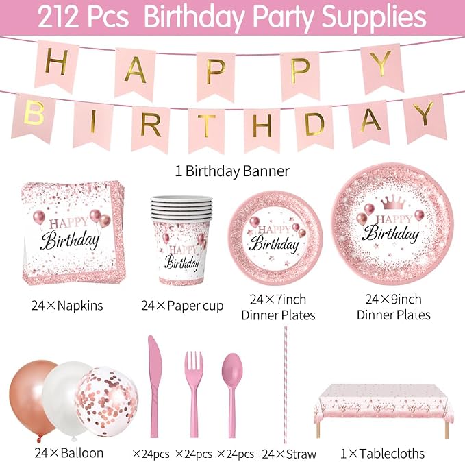 Rose Gold Birthday Party Supplies,212Pcs Disposable Party Decorations Includes Disposable Paper Plates, Napkin, Fork, Knives Spoons Cup, Tablecloth, Banner Balloons Straws for 24 Guests