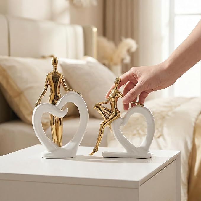 Ceramic Statues Aesthetic Abstract Couple and Heart Sculpture Modern Home Decor Decorative Statue for Living Room Bedroom Bookshelf Table Centerpiece Office (White and Gold)