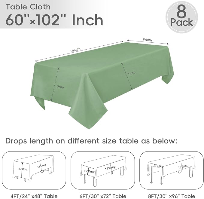 8 Pack Sage Green Tablecloth 60 x 102 Inch Polyester Table Cloth for 6 Foot Rectangle Tables, Wrinkle Resistant Washable Decorative Fabric Table Covers for Wedding Party Banquet Buffet and Camping