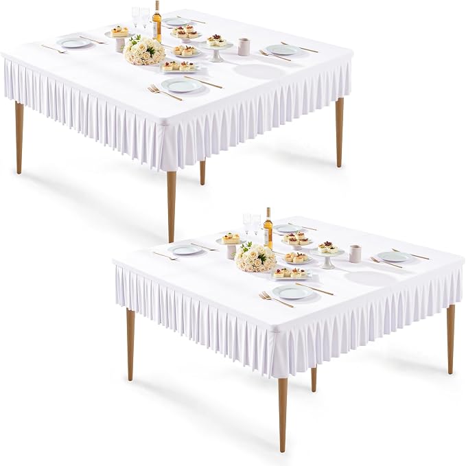 Wish Care 2 Pack White Spandex Tablecloths for 54x54 Inch Square Tables, Stretch Fitted Table Clothes with Pleated Ruffle Skirt for 54” Table, Wrinkle Free and Elastic, for Party Kitchen Home Dining