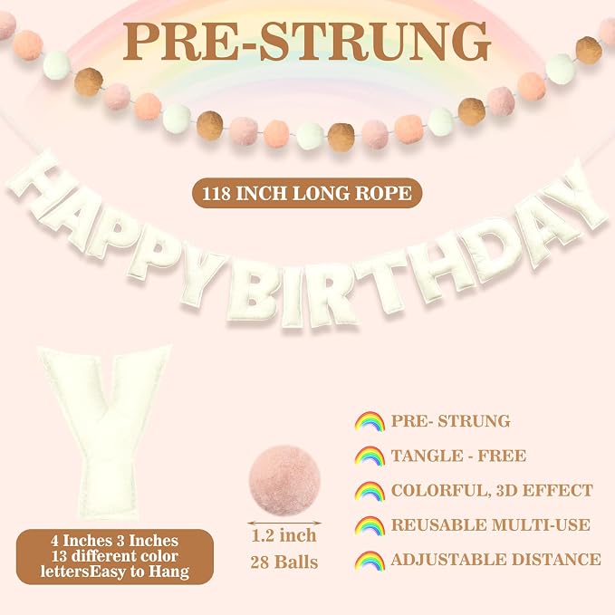 Mindsoft 2 Pcs 9.83ft Pre Strung 3D Happy Birthday Felt Fabric Banner with Ball Garland Reusable Pom Pom Garland for Birthday Party Decorations Sign Photo Prop Boys Girls(Bohemia Color)
