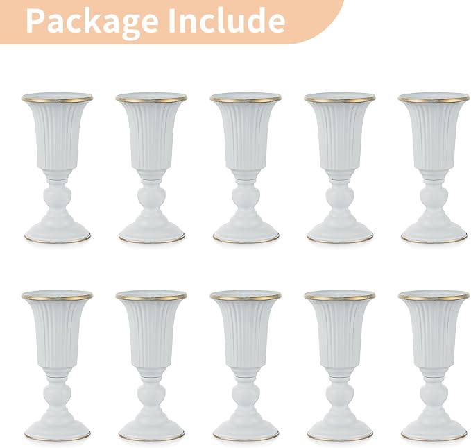Nuptio 10 Pcs Flowered Metal Trumpet Vase Elegant Wedding Centerpieces Vase for Party Dining Room Decoration, 23.2cm Tall Artificial Flower Arrangements for Anniversary Ceremony, White