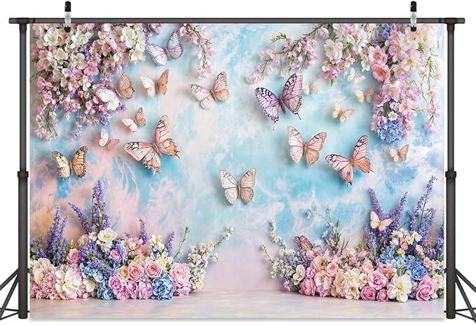 Purple Butterfly Floral Backdrop Elegant Flowers Photography Background for Girls Princess Butterfly Theme Birthday Baby Shower Events Party Decor Table Cake Photo Backdrops Photo Booth Prop