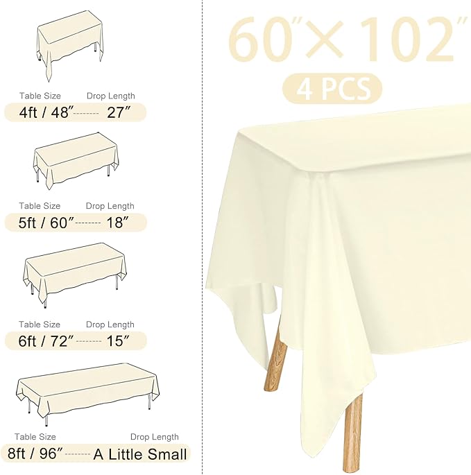 4 Pack Rectangle Tablecloth for 6 Foot Tables Washable Polyester Table Cover for Wedding Dining Table Parties Banquet（60x102 Beige）