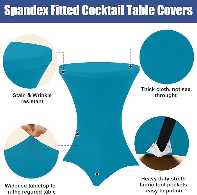 Moosfor Spandex Cocktail Table Covers 4 Pack, Elastic Fitted Stretch Table Cloth, Round High Top Tablecloths for Bar, Party, Pub, Wedding & Banquet (Turquoise, 32x43 Inch)