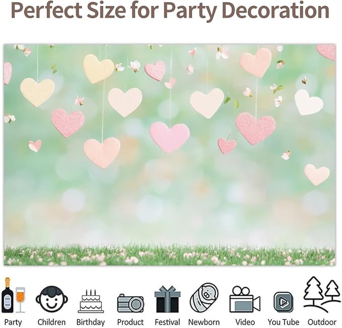 13x6ft Vinyl Green Valentines Backdrop Light Green Grass Hearts Photo Background Bridal Engagement Valentines Backdrop for Photography Party Decorations