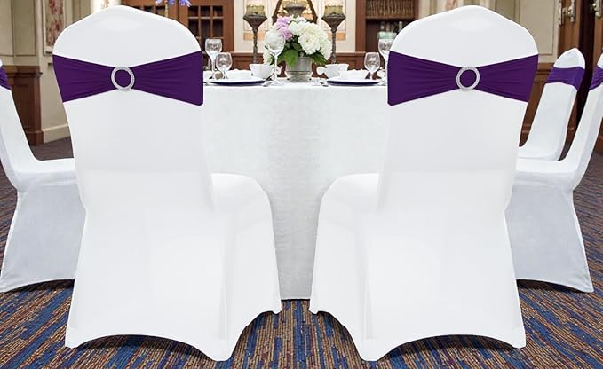VDS - Purple | Spandex Chair Sashes Bows | 125 PCS | Stretch Elastic Banquet Universal Folding Chair Band Tie with Silver Buckle Slider for Wedding Party Conference Celebration Event Decoration