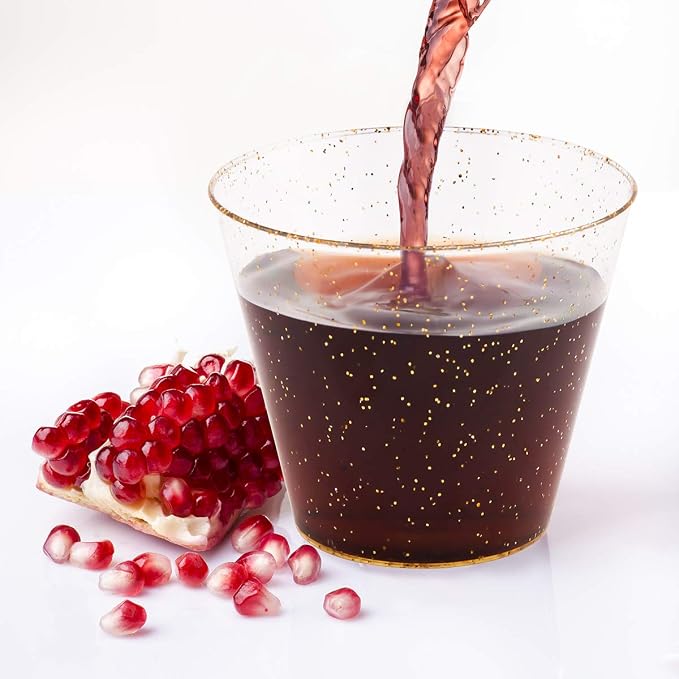 JOLLY CHEF 50 Pack 9 oz Glitter Plastic Cups, Disposable Gold Cups, Clear Plastic Tumblers for Weddings Thanksgiving, Christmas Parties