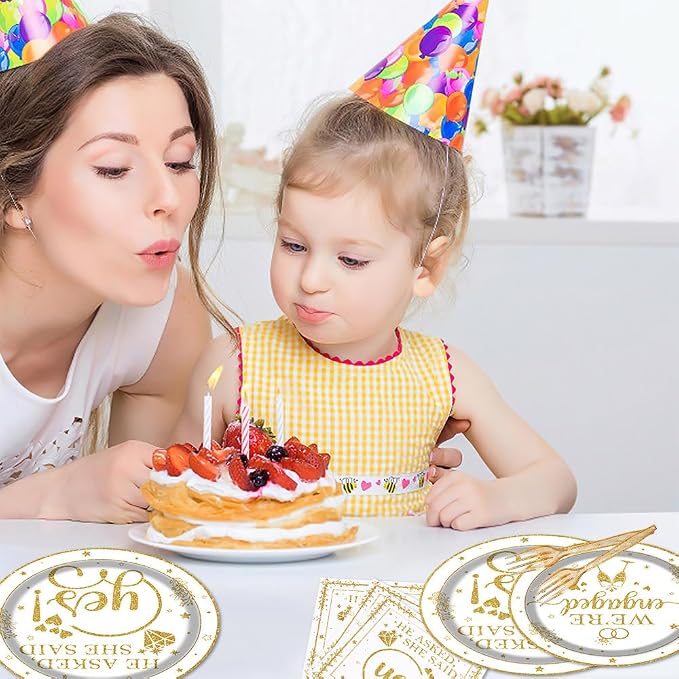 Happy Engagement Party Tableware Set 96 Pcs Engagement Disposable Plates Napkins Forks She Said Yes Wedding Bridal Shower Decorations Serve 24 Guests
