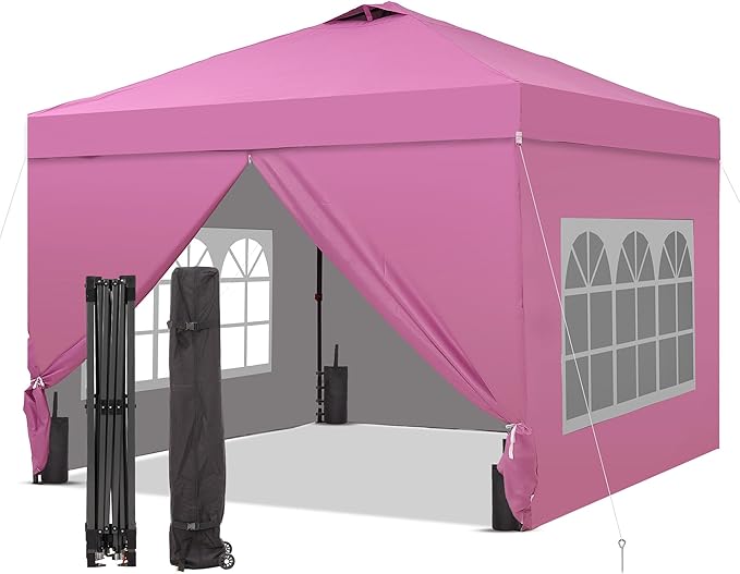 GDY 12x12 Pop Up Canopy Tent with 4 Sidewalls, Easy Set up with One Push Lift Gazebo with Wheel Bag and4 Sandbags,Carpas for Events, Parties,Camping, Pink.