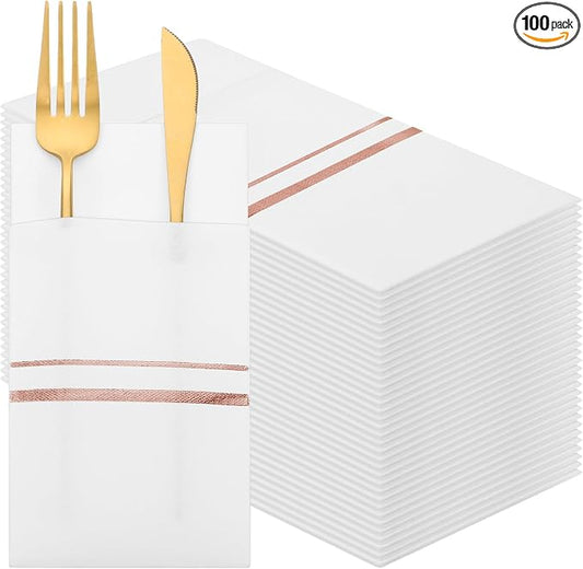 Roshtia 100 Pack Dinner Napkins Disposable Linen Feel Dinner Napkins with Built-in Flatware Pocket Gold Trim Lined Pre Folded Paper for Wedding Party (White,Rose Gold)