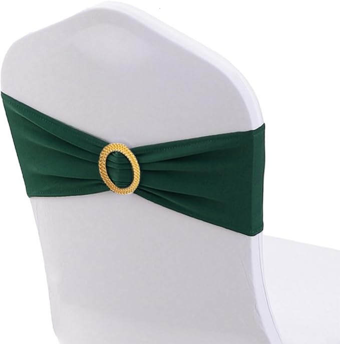 Pack of 100 Spandex Hunter Green Chair Sashes with Gold Buckles, Stretch Chairs Sashes for Wedding Party Baby Shower Ceremony Decor Chair Bands Bows (Hunter Green Sashes, Gold Buckles)