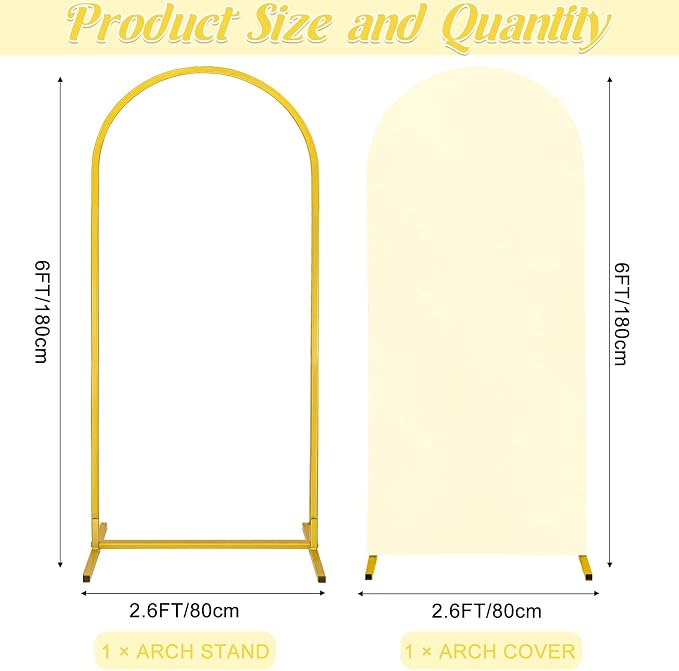 Metal Arch Stand and Cover Set,1 Ivory Spandex Fitted Backdrop with 1 Gold Wedding Arched Stand Frame for Parties Birthday Baby Shower Bridal Banquet Decoration (6FT)