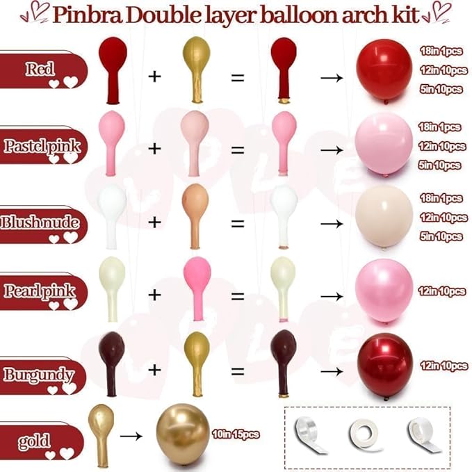 Red Pink Balloon Garland Double Stuffed Burgundy Pink Gold Pearl Balloons Rose Red Blush Nude Balloon Arch for Mother's Day Birthday Bridal Shower Wedding Engagement Party Decorations