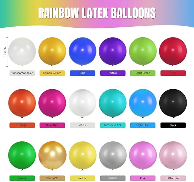 36 Pcs Giant Balloons 36 Inch Latex Large Assorted Color Bulk Big Balloon 18 Kinds Colors for Birthday Wedding Carnival Anniversary Party Decorations