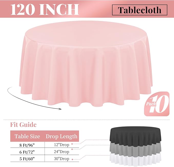 fani 10 Pack 120 Inch Round Tablecloth, Pink Polyester Fabric Table Cloth for Round Table, Stain and Wrinkle Washable Table Cover for Wedding Party Dining Table Buffet Banquet Restaurant and Camping