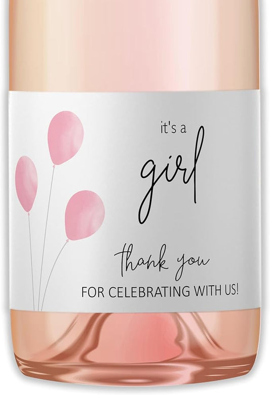 It’s a Girl Mini Champagne Bottle Labels ● SET of 12 ● Pink Baby Shower Mini Champagne Label, About to POP Thank You for Celebrating with us Favors Stickers Gender Reveal WATERPROOF (Balloons)