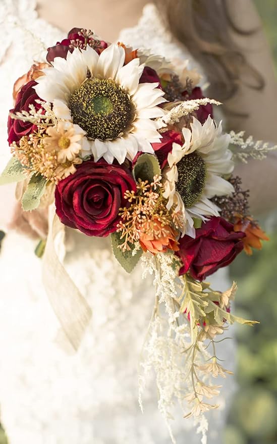 Ansofi 9 Inch Vintage Sunflower Wedding Bouquets for Bride Artificial Burgundy Rose Cascading Bridal Bouquet Burnt Orange Rustic Toss Bouquet for Wedding Ceremony Party Church Decor