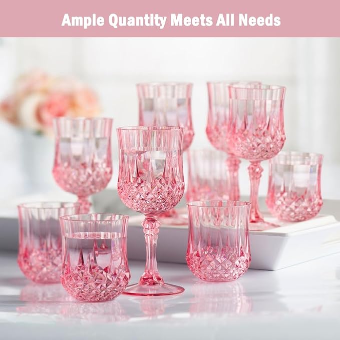 Plastic Wine Glasses, Plastic Goblets Vintage Style Cordial Unbreakable Drinking Glasses,Reusable Drinkware for Wedding Reception, Grand Event Party Supplies (24, Pink)