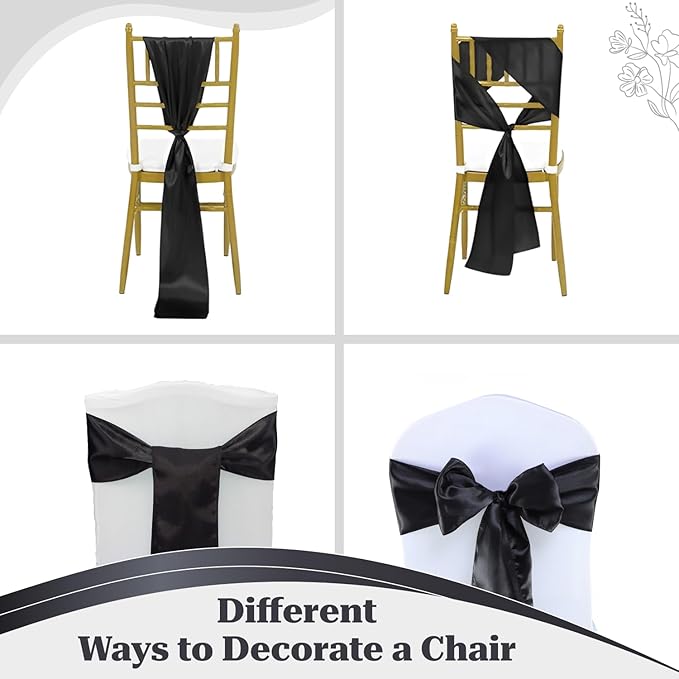 MDS Satin Chair Sashes, 300 Pack, 7”x108” Each, Decorative Chair Bows Ribbon Tie Backs for Wedding Party, Holiday Dinner, Birthday, Reception, Banquet, Hotel & Event Decoration - Black