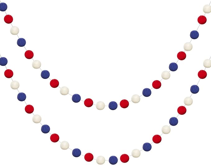 WILLBOND 2 Pieces Wool Felt Rainbow Ball Garland Colorful Pom Pom 6.5 ft Long 24 Ball Garland for Easter Mardi Gras Classroom Halloween Thanksgiving Xmas (Red,White,Blue)