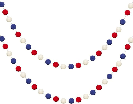 WILLBOND 2 Pieces Wool Felt Rainbow Ball Garland Colorful Pom Pom 6.5 ft Long 24 Ball Garland for Easter Mardi Gras Classroom Halloween Thanksgiving Xmas (Red,White,Blue)