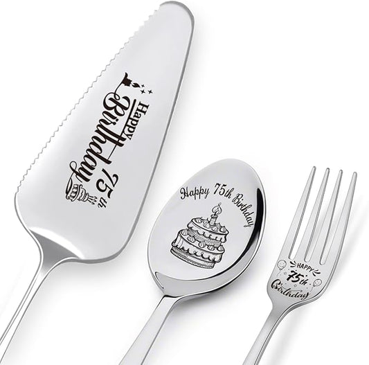Happy 75th Birthday Personalized Laser-Engraved Stainless Steel Birthday Party Utensil Set - Cake Server, Spoon, and Fork for Mother Father Husband Wife Grandmother Grandfather