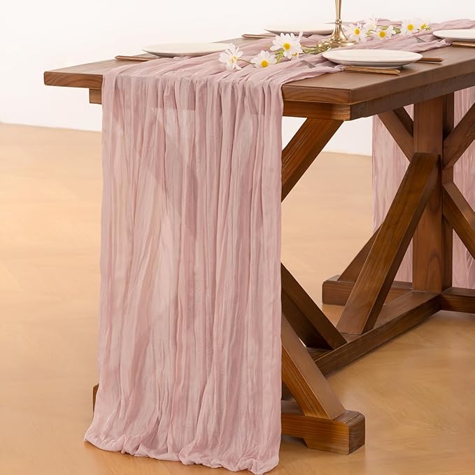 Socomi 6pcs Pink Cheesecloth Table Runner Summer Boho Rustic Gauze Dusty Pink Farmhouse 120 inch 10FT Cheese Cloth Sheer Runner for Wedding Party Baby Shower Birthday Home Decor
