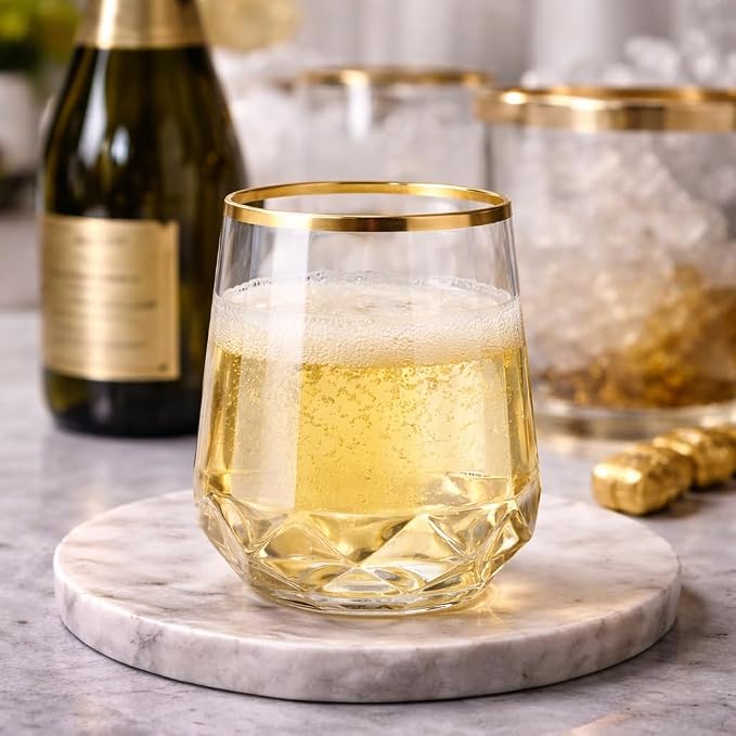 Oojami 40 Pack Disposable Plastic Wine Glasses 12oz Gold Rim - Diamond Stemless Cups for Champagne Whiskey Cocktail Unbreakable Shatterproof BPA-Free Reusable Recyclable for Wedding Birthday Party