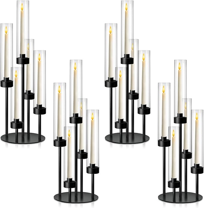 5-Arm Black Metal Table Candelabra Centerpiece, 22" Tall Clear Candlesticks Holder with Shade for Valentines Day Events Party Table Centerpiece,Fit LED Candles (4, Black, S-22in)