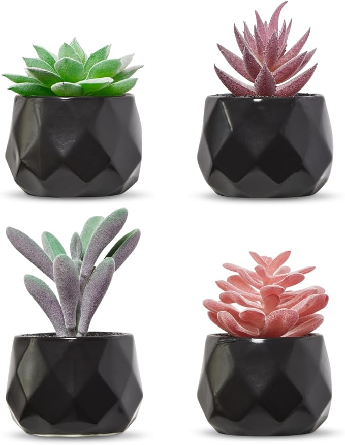 Nordik Set of 4 Desk Plants - Geometric Round Black Pots - Perfect for Bathroom, Bedroom Decor Aesthetic - Ceramic Fake Plant for Office or Living Room Decor - Ideal for Women